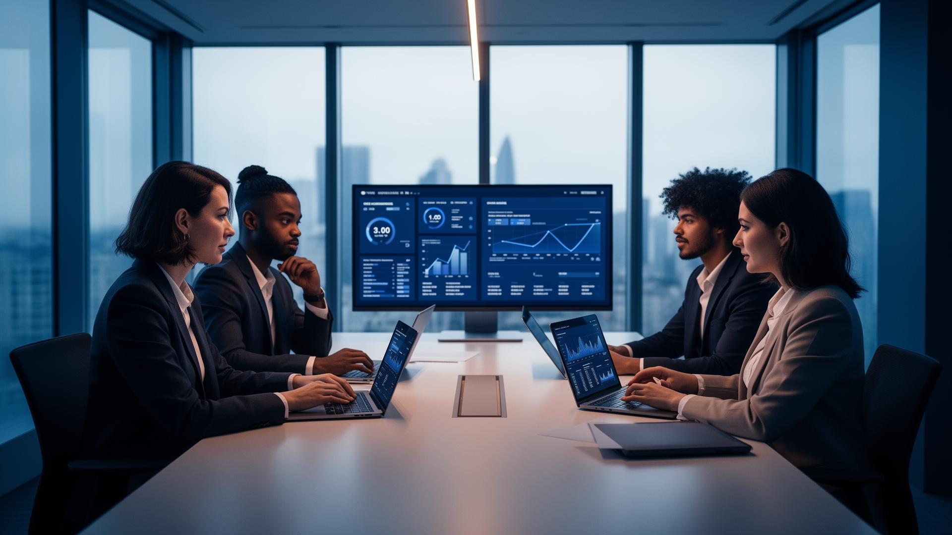 VM Digital Consulting team reviewing analytics dashboards in a modern office